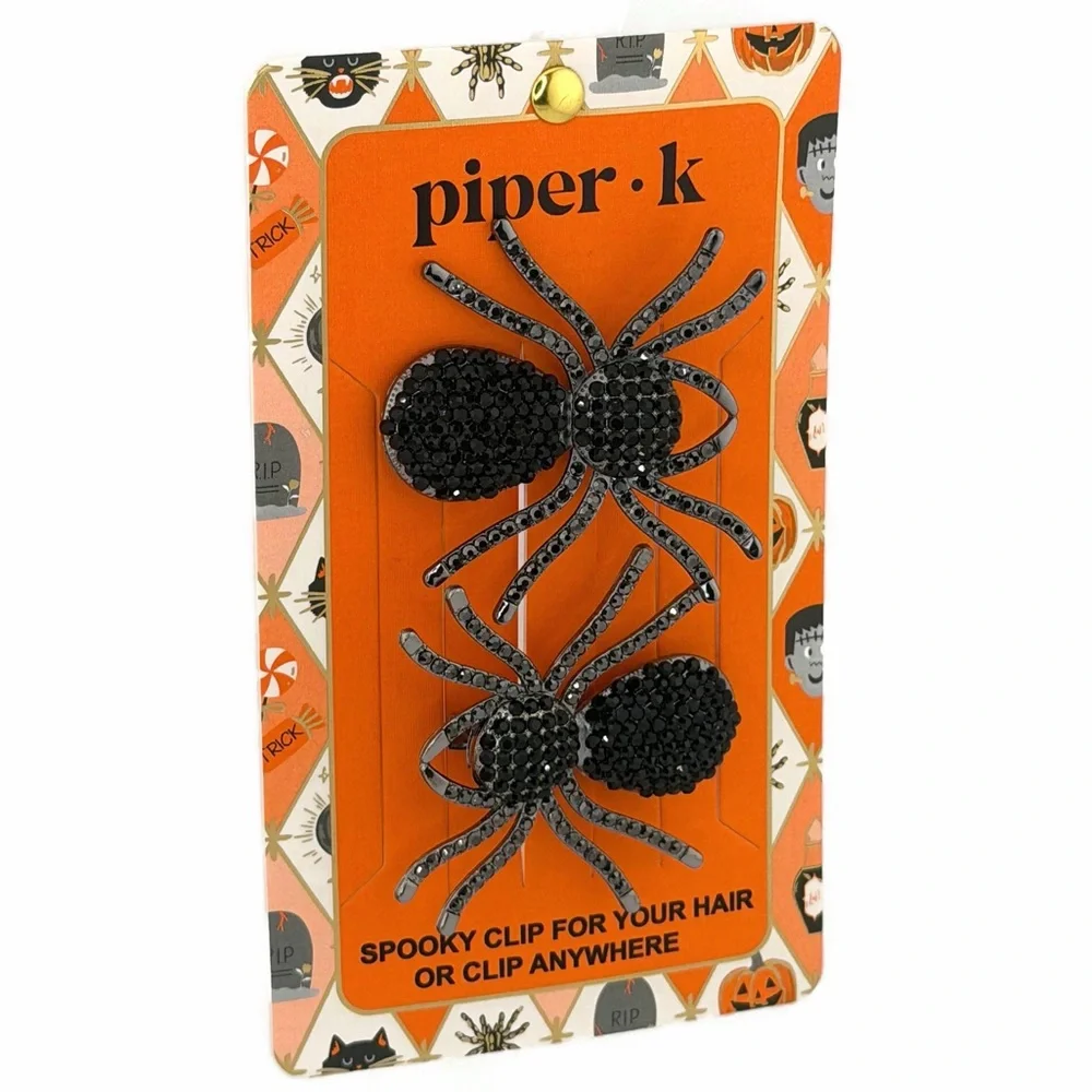 Piper K Halloween Goth Spider Clips Black Rhinestones - Set of 2